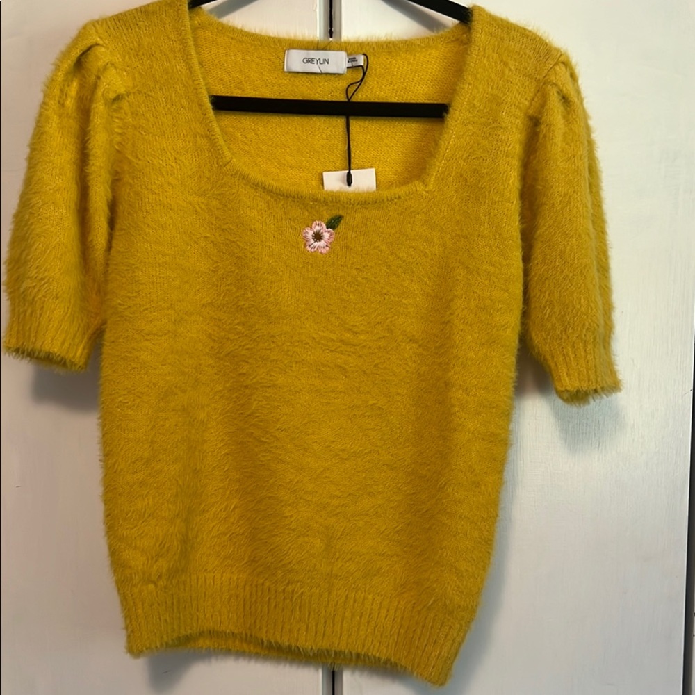 Greylin Yellow Crew Neck Ribbed Sweater w/ Cute pink embroidered flower.